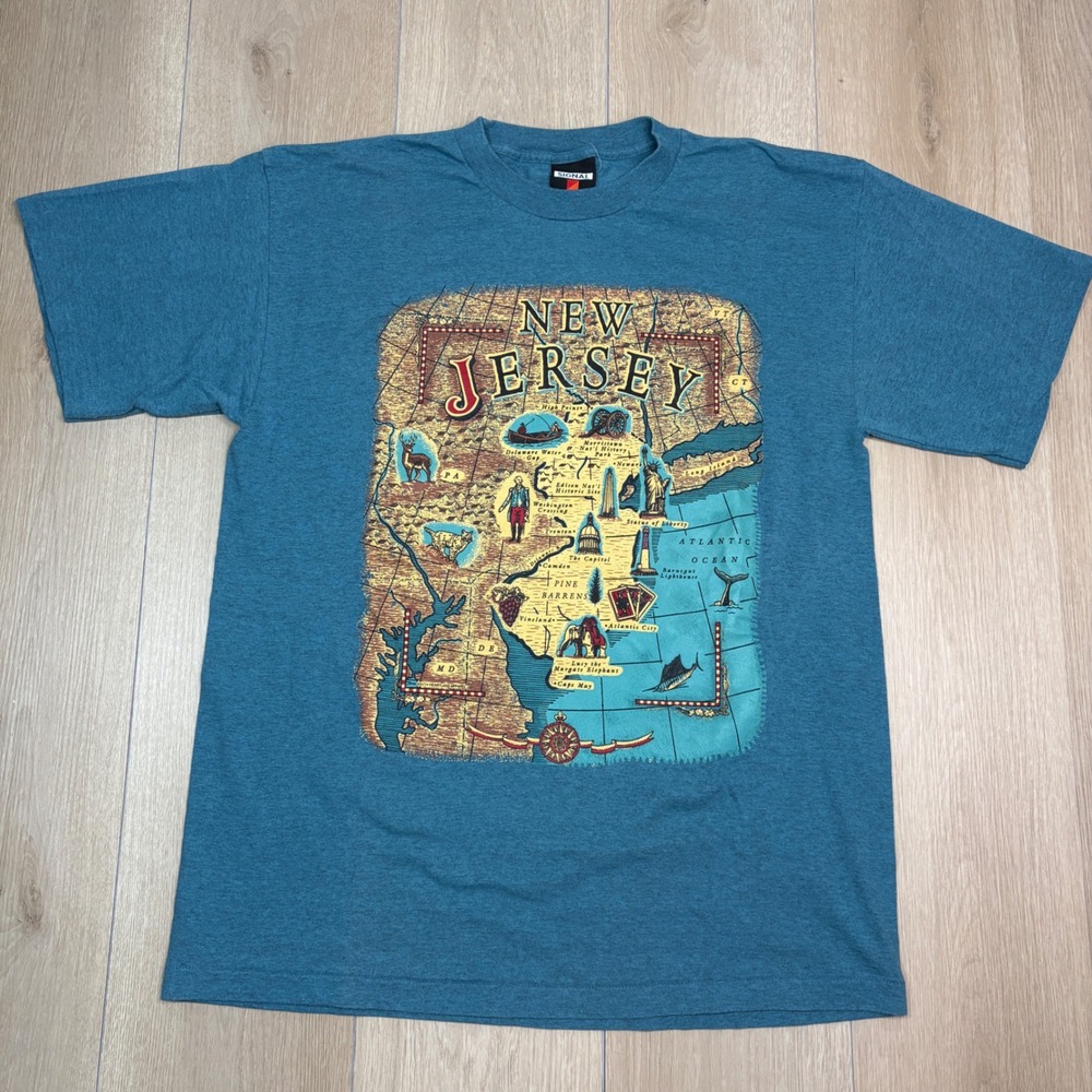 Vintage 90s Signal Sport New Jersey Map T-Shirt Teal Souvenir Made in USA Large
